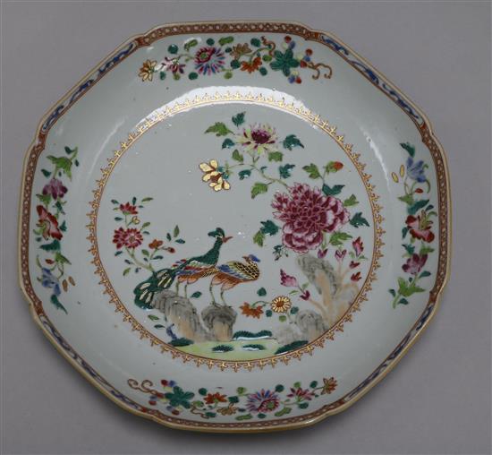 A Chinese export famille rose double peacock octagonal dish, Qianlong period, width 24.5cm